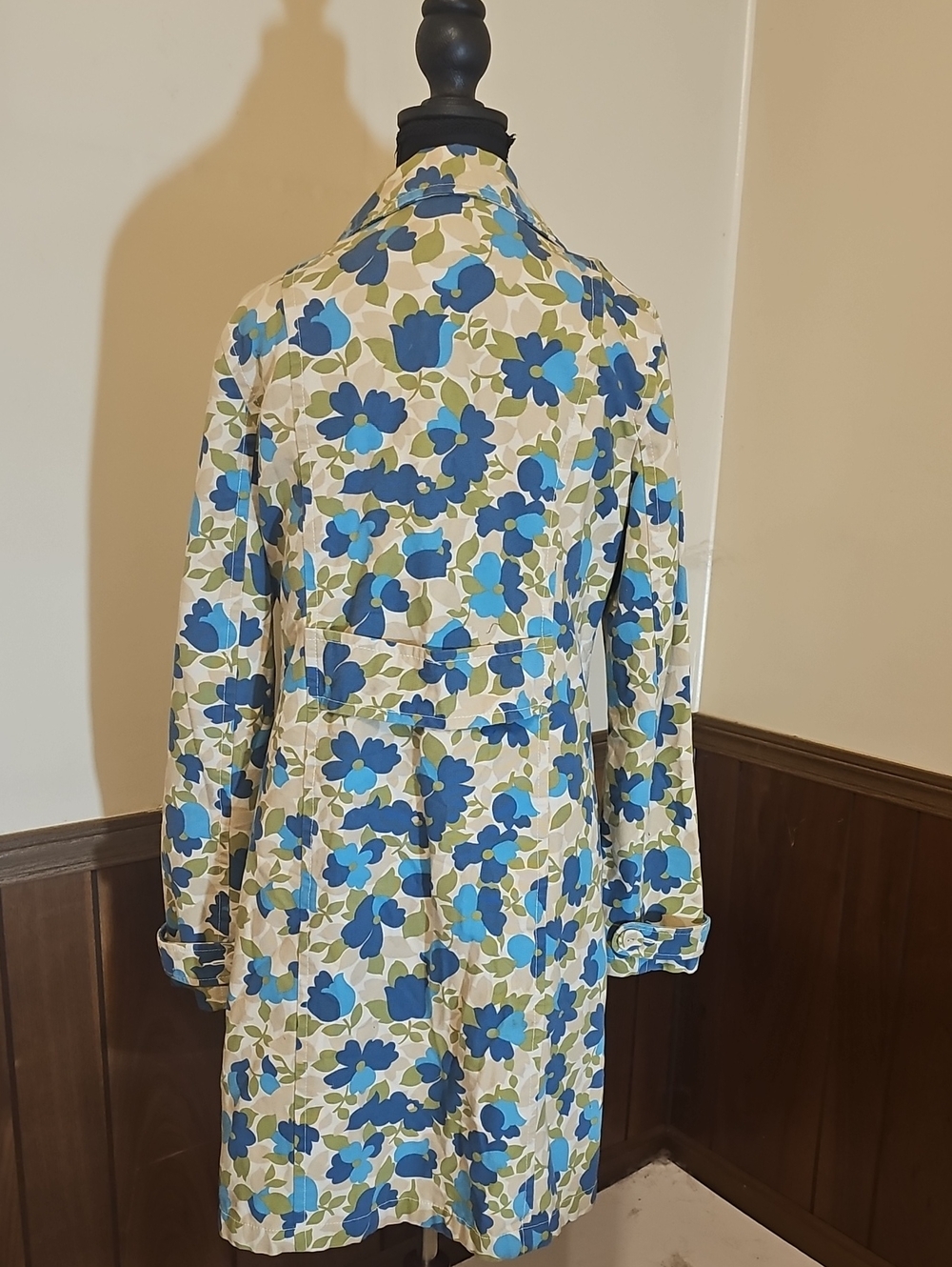 Vintage Old Navy Floral Trench Coat Raincoat Blue Green Size M - Picture 3 of 8
